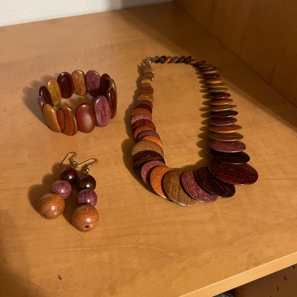 Wooden Jewelry Set - Necklace, Bracelet, and Earrings